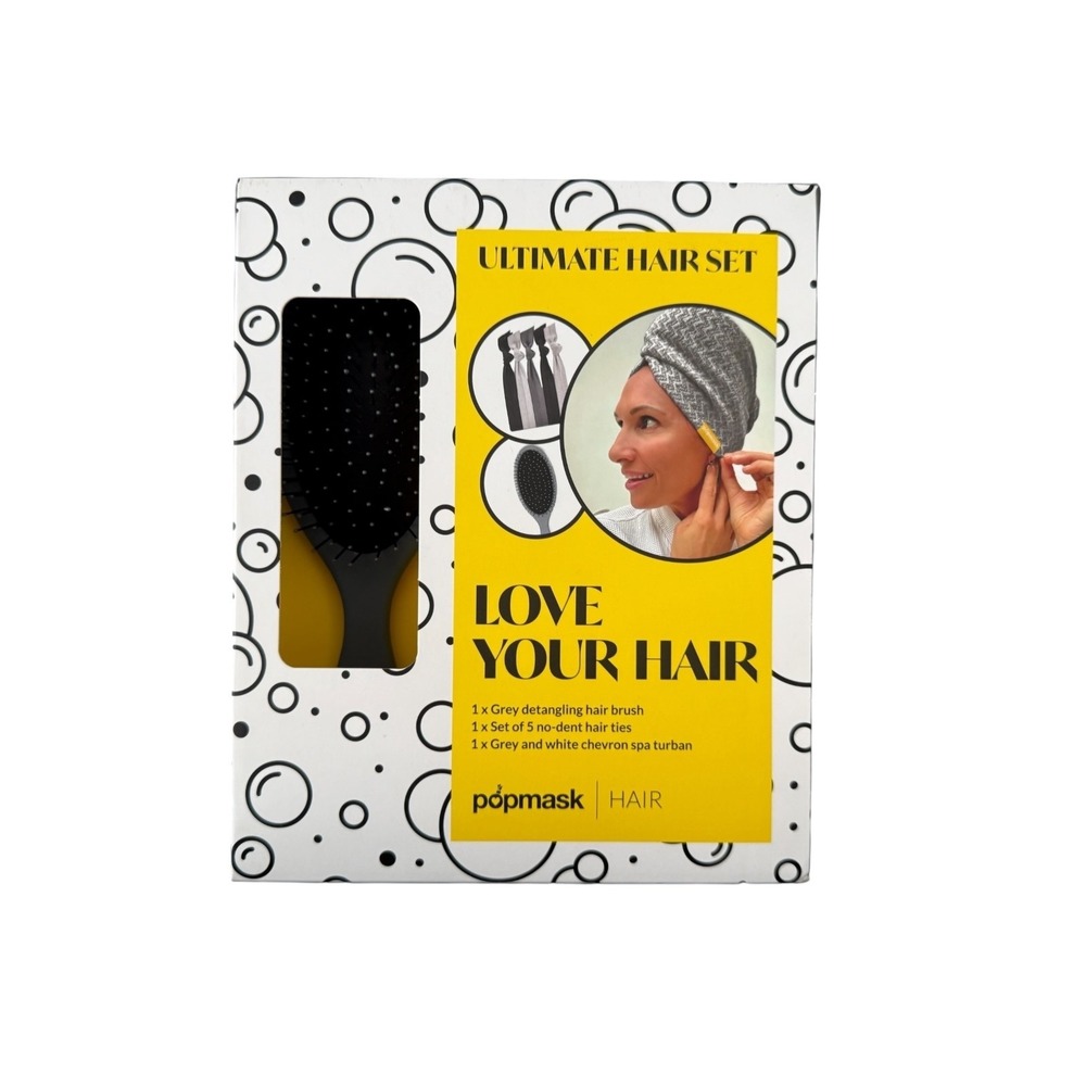 Popmask Ultimate Hair Set Detangling Gray Hair Brush With Hair Ties & Turban new - Picture 3 of 8